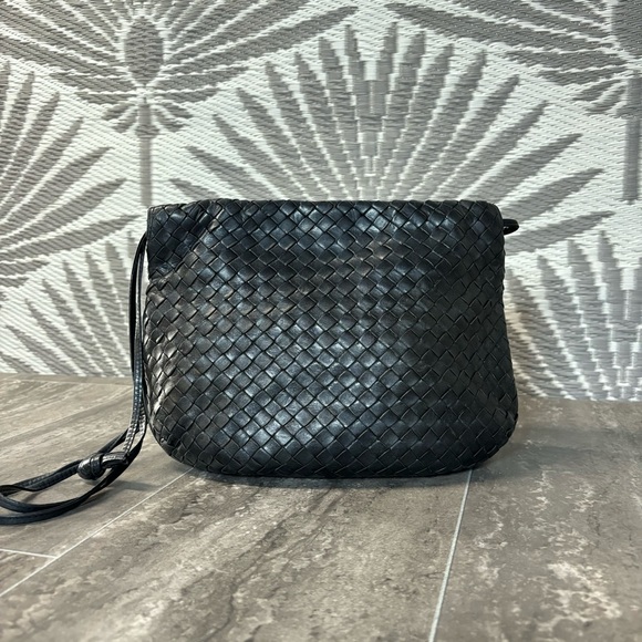 Vtg Bottega Veneta Intrecciato Drawstring Pouch Bag Blk Woven Leather Italy - Picture 3 of 16